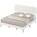 HOMCOM King Size Bed Frame with Adjustable Headboard Upholstered Platform Bed Frame with Wood Slat Support Noise Free White