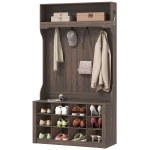 HOMCOM 4-In-1 Hall Tree with Bench and Shoe Storage, Farmhouse Coat Rack Shoe Bench with 12 Shoe Cubbies, 6 Hooks, Dark Brown