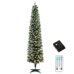 HOMCOM 7ft Pencil Prelit Christmas Tree, Dual Color LEDs, Flocked, Remote, Slim Xmas Tree with 11 Modes, Green White