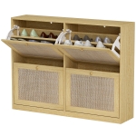 HOMCOM Narrow Shoe Storage Cabinet, Rattan Shoe Cabinet with 4 Flip Drawers and Adjustable Shelves for 20 Pairs, Oak