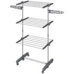 HOMCOM 3-Tier Foldable Clothes Drying Rack, Stainless Steel Laundry Rack with 2 Side Wings and 6 Castors, Grey