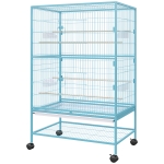 PawHut 52'' Large Rolling Steel Bird Cage Bird House with Rolling Stand, Storage Shelf, Wood Perch, Food Container, Light Blue