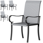 Outsunny Set of 4 Outdoor Wicker Dining Chairs with Armrest, Steel Frame, High Back and Deep Seating, Gray