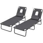 Outsunny Folding Lounge Chair Set of 2, Reclining Beach Tanning Chair with Face Hole, Pillow, 4-Position Adjustable Flat Sun Lounger, Steel Frame for Outdoor Patio Pool, Grey