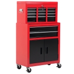 HOMCOM 6-Drawer Rolling Tool Chest, 2 in 1 Lockable Storage Cabinet with Hooks, Metal Tool Box for Garage, Workshop, Red