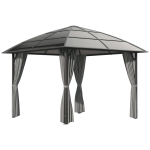 Outsunny 10' x 10' Outdoor Hardtop Gazebo Canopy with UV60+ Polycarbonate Roof, Steel Frame, Central Hook, Curtains, Dark Grey