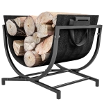 Outsunny Firewood Rack Outdoor, Foldable 17 Inch Fireplace Log Holder for Indoor, with Removable Log Carrier, Black