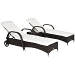 Outsunny Wicker Outdoor Chaise Lounge Chair Set of 3 with Side Table, 5-Level Adjustable Backrest PE Rattan Pool Lounge Chair with Wheels, Cushion & Headrest, Brown and Cream White
