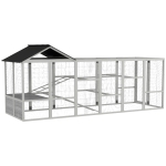 PawHut 142" Outdoor Wooden Chicken Coop with Run, Ramps, Perches, Storage, Combinable Design for 6 - 10 Chickens, Grey