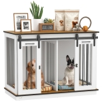 PawHut 47in Dog Crate Furniture with Divider Panel, Wooden Dog Kennel TV Stand for Large Breeds, Pet House Side Table for 2 Small Breeds with 2 Rooms Design, 2 Sliding Doors, White
