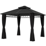Outsunny 10' x 10' Outdoor Hardtop Gazebo Canopy w/ Double PC Roof, Steel Frame, Nettings, Curtains for Garden Lawn Deck, Black