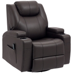 HOMCOM Massage Recliner Chair, Swivel Nursery Rocker Chair, Manual Reclining Sofa with 8 Vibration Points, PU Leather, Cup Holders, Side Pockets, for Living Room, Brown