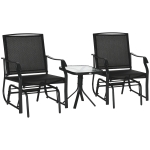 Outsunny 3 Piece Patio Glider Set Outdoor Gliders with Breathable Mesh Seat, Glass Top Table for Garden, Yard, Black