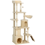 PawHut 67" Large Cat Tree with 7 Scratching Posts, Tunnel, 2 Condos, Hammock, Perch, Ramp, Pompoms, Beige