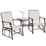 Outsunny Double Patio Glider Chair with Glass Top Center Table, Outdoor Glider Loveseat with High Back,  All Weather Breathable Mesh Fabric for Garden, Backyard, Deck, Beige