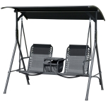 Outsunny 2 Person Covered Porch Swing Patio Swing with Pivot Storage Table, Cup Holder, & Adjustable Overhead Canopy, Black