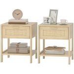 HOMCOM Narrow Nightstand with Rattan Elements, Bedside Table with Drawer and Storage Shelf for Bedroom, Set of 2, Natural Wood