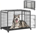 PawHut Folding Dog Crate Heavy Duty Cage for Extra Large Sized Dogs with Double Doors, Lockable Wheels Tray, 49" x 30" x 32"