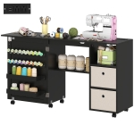 HOMCOM Rolling Sewing Machine Table with Power Outlet, Folding Craft Table with 2 Fabric Drawers, 2 Bins and 18 Pegs, Black