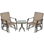 Outsunny 3 Piece Patio Glider Set Outdoor Gliders with Breathable Mesh Seat, Glass Top Table for Garden, Yard, Mixed Brown