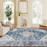 HOMCOM 9x12 Area Rug, Vintage Machine Washable Rug, Non-Slip Floor Carpet for Living Room, Bedroom, Dining Room, Blue