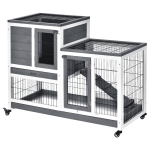 PawHut Wooden Rabbit Hutch Elevated Bunny Cage Indoor Small Animal Habitat with Enclosed Run with Wheels, Ramp, Gray