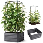 Outsunny Galvanized Planter Box, 24" x 24" x 55" Raised Garden Bed with Tomato Cage for Climbing Vines, Dark Gray