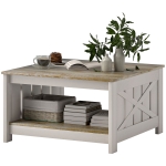 HOMCOM 31.5" Square Coffee Table, Farmhouse 2-Tier Center Table for Living Room, Distressed Oak and Brown