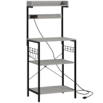 HOMCOM Kitchen Baker's Rack with Power Outlet, Coffee Bar Station with Adjustable Shelves and Hooks, Distressed Grey