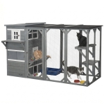PawHut Wooden Cat Catio, 76"L Walk in Outdoor Cat House with Asphalt Roof, Platforms, Lockable Doors, 3-tier Resting Condo, Observation Window, for 2-3 Cats, Light Grey