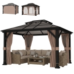 Outsunny 10' x 12' Hardtop Gazebo Canopy with Double PC Roof, Steel Permanent Outdoor Gazebo with Curtains and Netting, Khaki