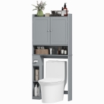 HOMCOM Modern Over The Toilet Storage Shelf with 2 Doors, Above Commode Storage Cabinet with Toilet Paper Holder, Grey