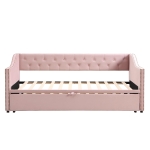 Practical Twin Upholstered Daybed with Pop-Up Trundle, Perfect Sofa Bed for Guest Rooms and Kids Rooms, 82" L x 81.5" W x 33" H, Pink