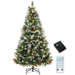 HOMCOM 6ft Flocked Prelit Christmas Tree Spruce, Dual Colour, Remote, Hinged Artificial Xmas Tree with Pinecones, Berries