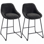 HOMCOM Bar Stools Set of 2 Chenille Barstools Counter Height Bar Chairs Backrest Footrest Black