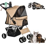 PawHut Pet Stroller Foldable Carrier for Cat, Dog and More 4 Wheels Travel Jogger with Cup Holder, Storage Basket, 360 ° swiveling front wheels, Easy Fold, Coffee