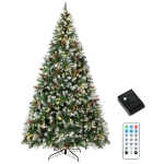 HOMCOM 9ft Flocked Prelit Christmas Tree Spruce, Dual Colour, Remote, Hinged Artificial Xmas Tree with Pinecones, Berries