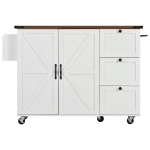 Farmhouse Kitchen Island with Power Outlet and Drop Leaf, Versatile Rolling Cart with Spice Rack and Storage, 54.5'' L x 28.5" W x 36.5" H, White