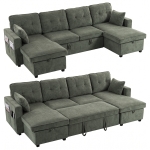 HOMCOM Sectional Sofa Bed, 113" U Shaped Pull Out Sleeper Sofa Bed with Dual Storage Chaises, Wide and Deep Seat, Green