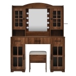Farmhouse Makeup Vanity with Lighted Mirror and Power Outlet, Chic Dressing Table with Drawers and Stool, 47'' L x 15.5" W x 61.5" H, Walnut
