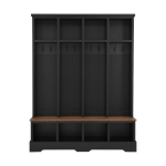 Farmhouse Hall Tree Coat Rack with 8 Retro Hooks, Shoe Bench Unit with 8 Storage Compartments, 59'' L x 15.5'' W x 76.5'' H, Black