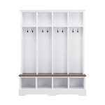 Farmhouse Hall Tree Coat Rack with 8 Retro Hooks, Shoe Bench Unit with 8 Storage Compartments, 59'' L x 15.5'' W x 76.5'' H, White