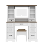 Farmhouse Dressing Vanity Desk with Sliding 3-Colour LED Mirror, Modern Makeup Table Unit with 9 Drawers, 47'' L x 15.5'' W x 55'' H, Brown+White