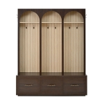 Farmhouse Hall Tree Coat Rack with 3 Arches and 8 Retro Hooks, Shoe Storage Bench Unit with 3 Drawers, 59'' L x 15.5'' W x 75'' H, Dark Walnut