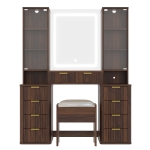 Elegant Fluted Dressing Vanity Desk with 3-Colour LED Mirror, Modern Makeup Table Unit with 10 Drawers, 43.5'' L x 15.5'' W x 54.5'' H, Brown