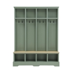 Farmhouse Hall Tree Coat Rack with 8 Retro Hooks, Shoe Bench Unit with 8 Storage Compartments, 59'' L x 15.5'' W x 76.5'' H, Mint Green