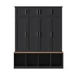 Rustic Farmhouse Hall Tree with 8 Storage Doors, Heavy-Duty Shoe Storage Bench Unit with 4 Bottom Compartments, 59'' L x 15.5'' W x 75'' H, Black