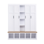 Rustic 4-in-1 Hall Tree Coat Rack with 4 Cabinets and 6 Sturdy Hooks, Shoe Storage Bench Unit for Mudroom, 63'' L x 15.5'' W x 76.5'' H, White