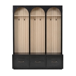 Farmhouse Hall Tree Coat Rack with 3 Arches and 8 Retro Hooks, Shoe Storage Bench Unit with 3 Drawers, 59'' L x 15.5'' W x 75'' H, Black