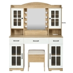 Farmhouse Makeup Vanity with Lighted Mirror and Outlet, Chic Dressing Table with Drawers and Stool, 47'' L x 15.5" W x 61.5" H, Natural+White